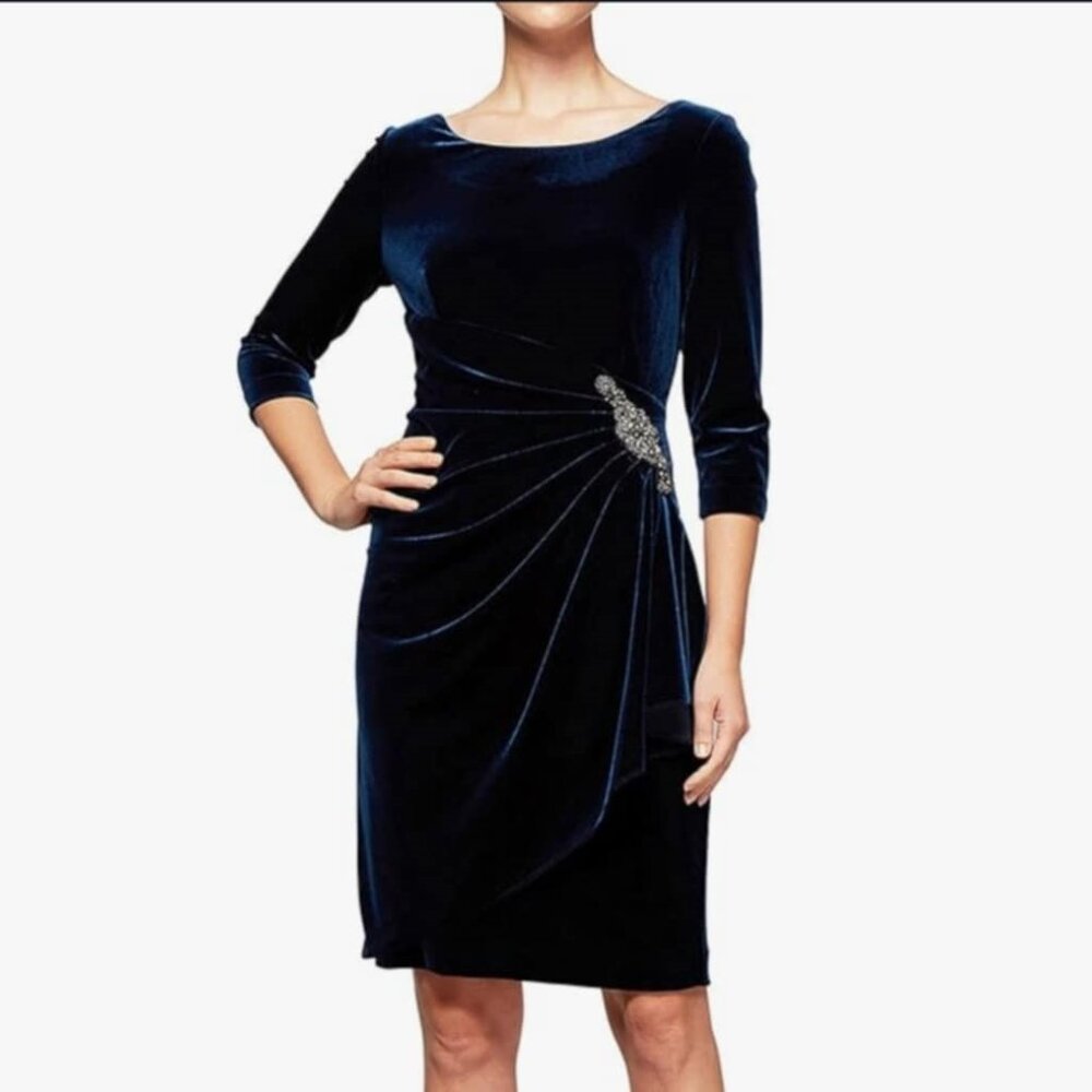 BNWT Alex Evenings Cocktail Blue Velvet Dress Wedding w/ Beading